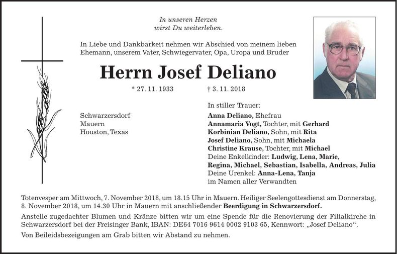 Traueranzeige Josef Deliano