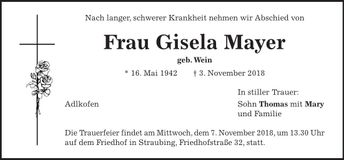 Traueranzeige Gisela Mayer