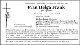 Traueranzeige Helga Frank