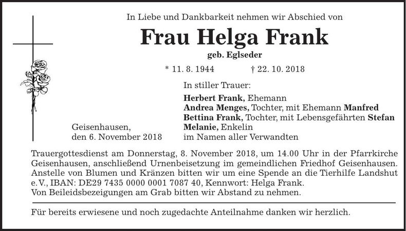 Traueranzeige Helga Frank