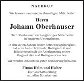 Traueranzeige Johann Oberhauser
