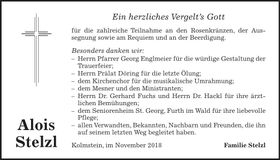 Traueranzeige Alois Stelzl