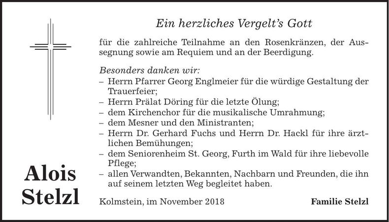 Traueranzeige Alois Stelzl