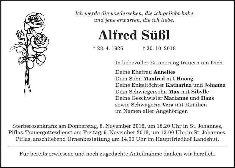 Traueranzeige Alfred Süßl
