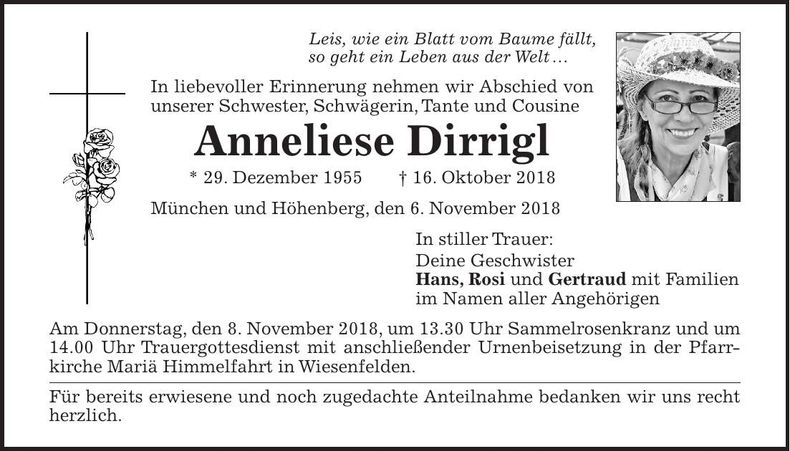 Traueranzeige Anneliese Dirrigl