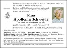 Traueranzeige Apollonia Schwejda