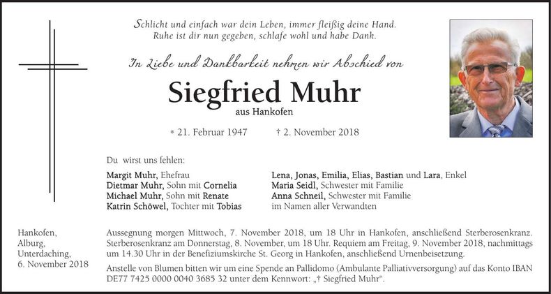 Traueranzeige Siegfried Muhr
