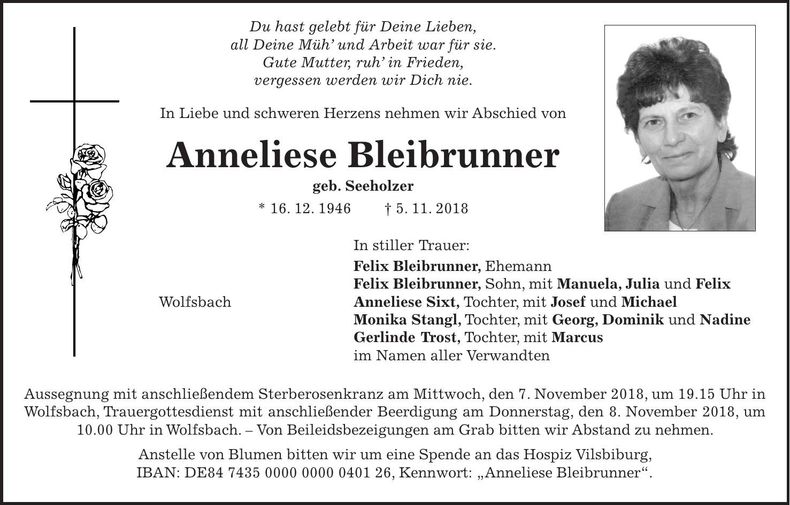 Traueranzeige Anneliese Bleibrunner