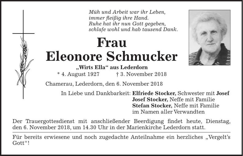Traueranzeige Eleonore Schmucker