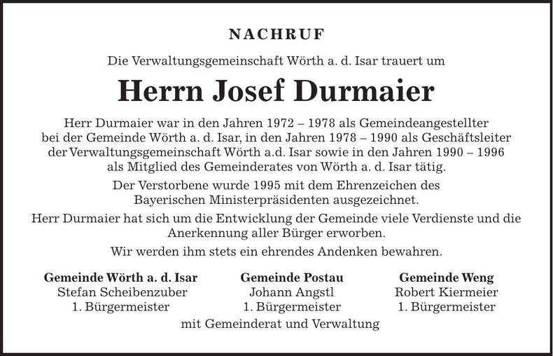 Traueranzeige Josef Durmaier