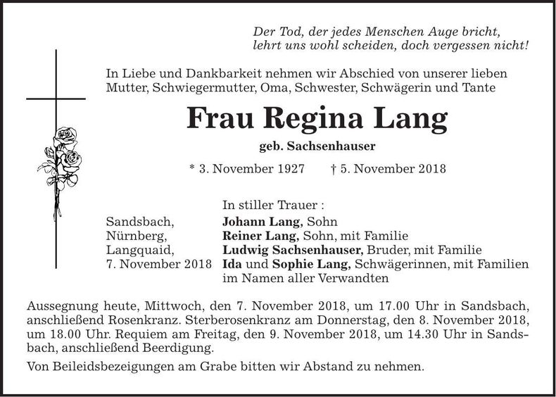 Traueranzeige Regina Lang