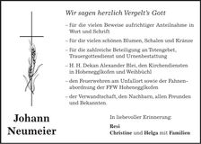 Traueranzeige Johann Neumeier