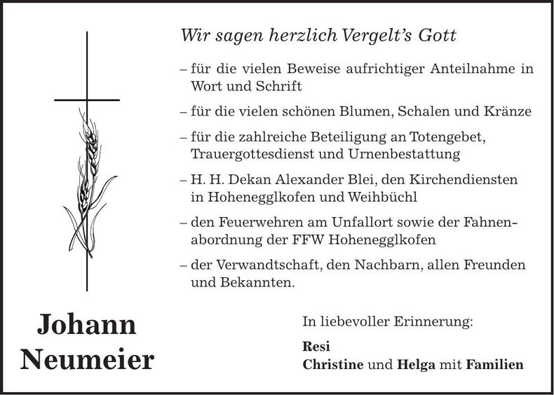 Traueranzeige Johann Neumeier