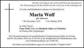 Traueranzeige Maria Wolf