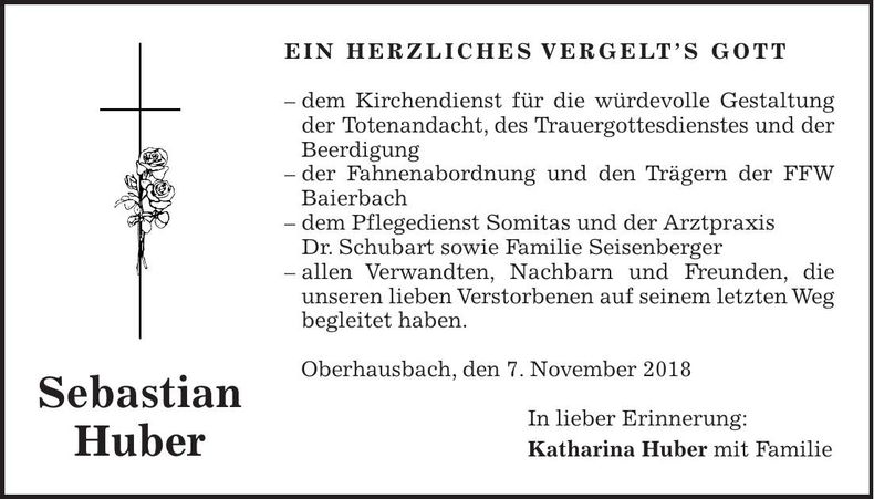 Traueranzeige Sebastian Huber