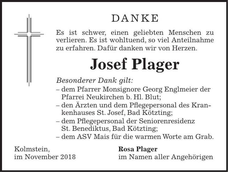 Traueranzeige Josef Plager