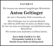 Traueranzeige Anton Geltinger