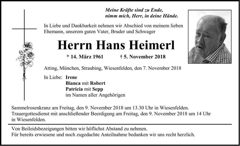 Traueranzeige Hans Heimerl