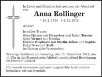 Traueranzeige Anna Rollinger