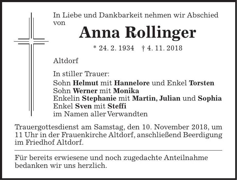 Traueranzeige Anna Rollinger