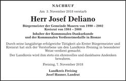Traueranzeige Josef Deliano