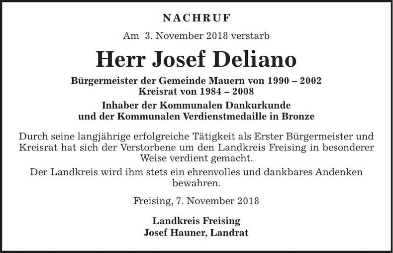 Traueranzeige Josef Deliano