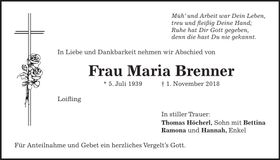 Traueranzeige Maria Brenner