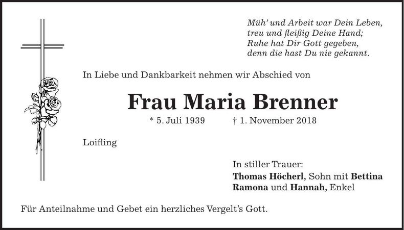Traueranzeige Maria Brenner