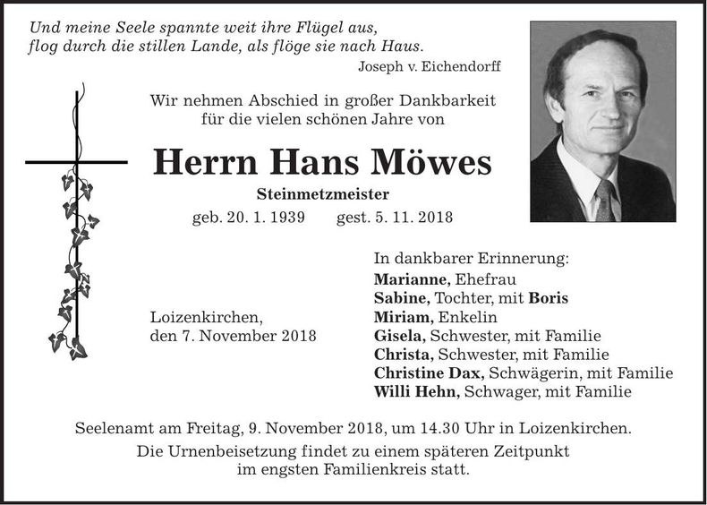 Traueranzeige Hans Möwes