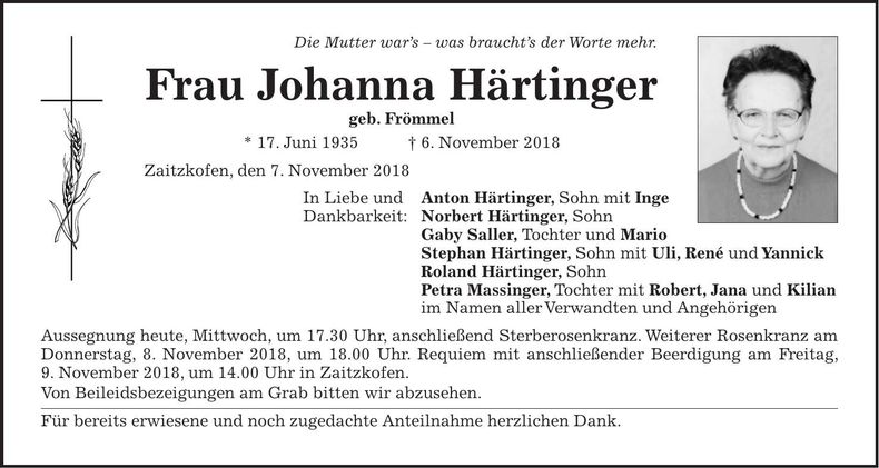 Traueranzeige Johanna Härtinger