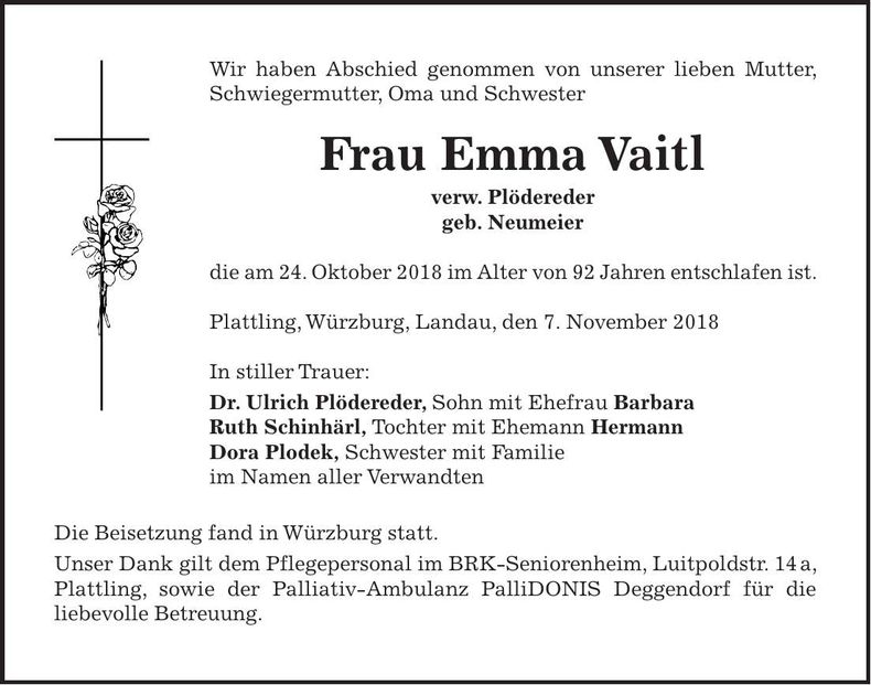 Traueranzeige Emma Vaitl