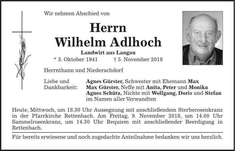 Traueranzeige Wilhelm Adlhoch