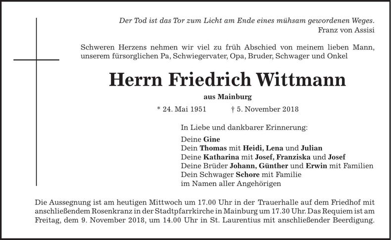 Traueranzeige Friedrich Wittmann