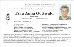 Traueranzeige Anna Gottwald