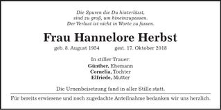 Traueranzeige Hannelore Herbst