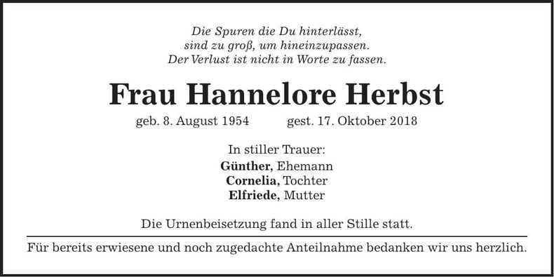 Traueranzeige Hannelore Herbst