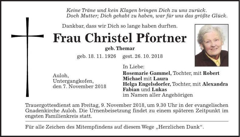 Traueranzeige Christel Pfortner