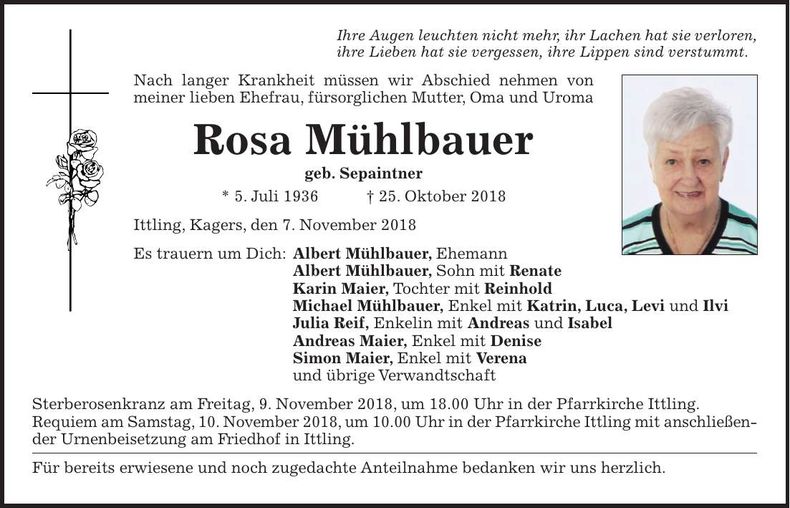 Traueranzeige Rosa Mühlbauer