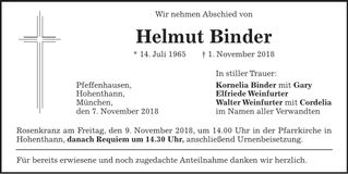 Traueranzeige Helmut Binder