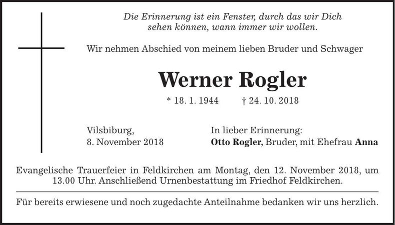 Traueranzeige Werner Rogler