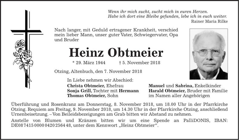 Traueranzeige Heinz Obtmeier