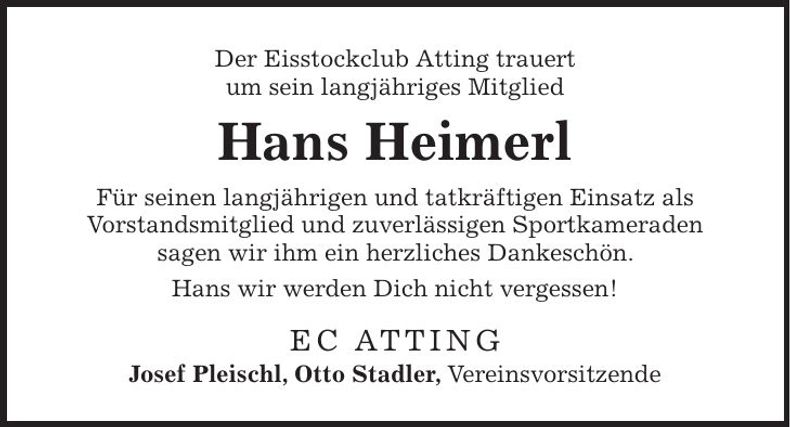 Traueranzeige Hans Heimerl