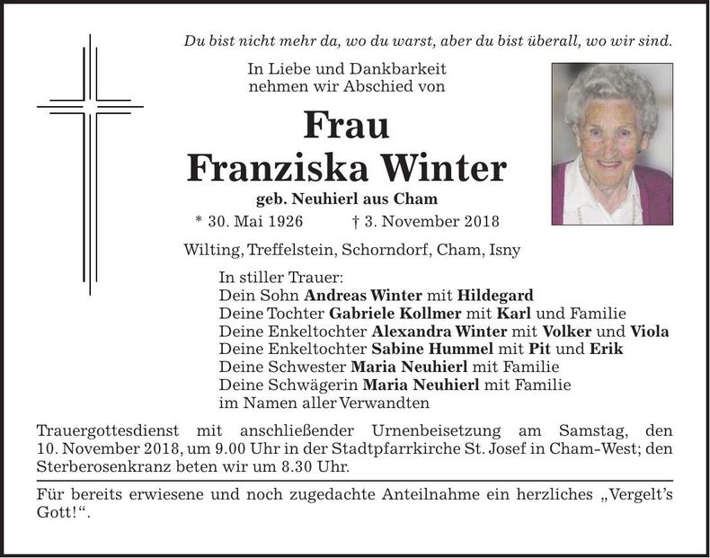 Traueranzeige Franziska Winter
