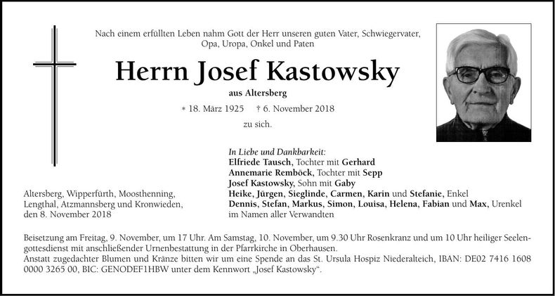 Traueranzeige Josef Kastowsky