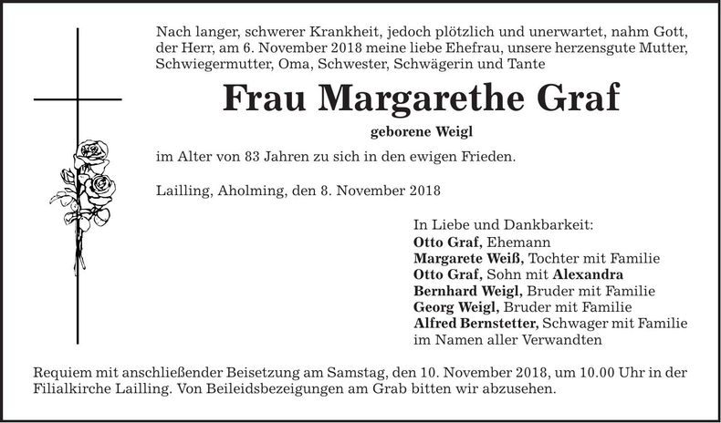 Traueranzeige Margarethe Graf
