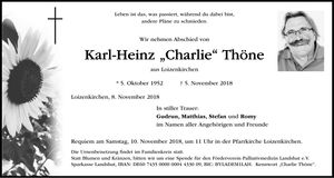Traueranzeige Karl-Hein Charlie Thöne