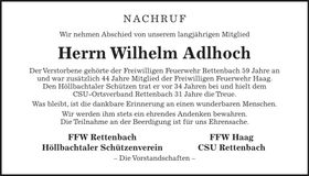 Traueranzeige Wilhelm Adlhoch