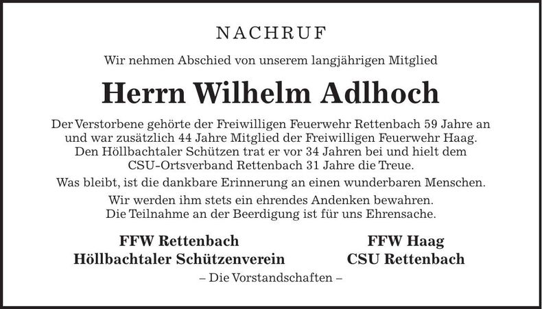 Traueranzeige Wilhelm Adlhoch