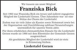 Traueranzeige Franziska Bick