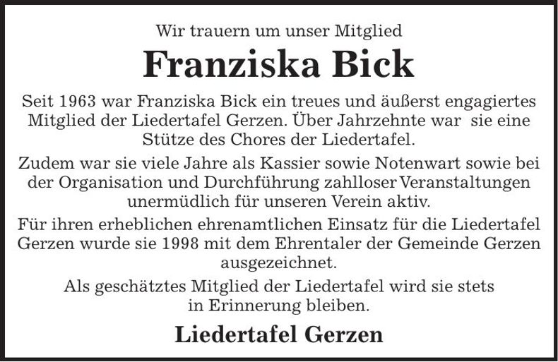 Traueranzeige Franziska Bick